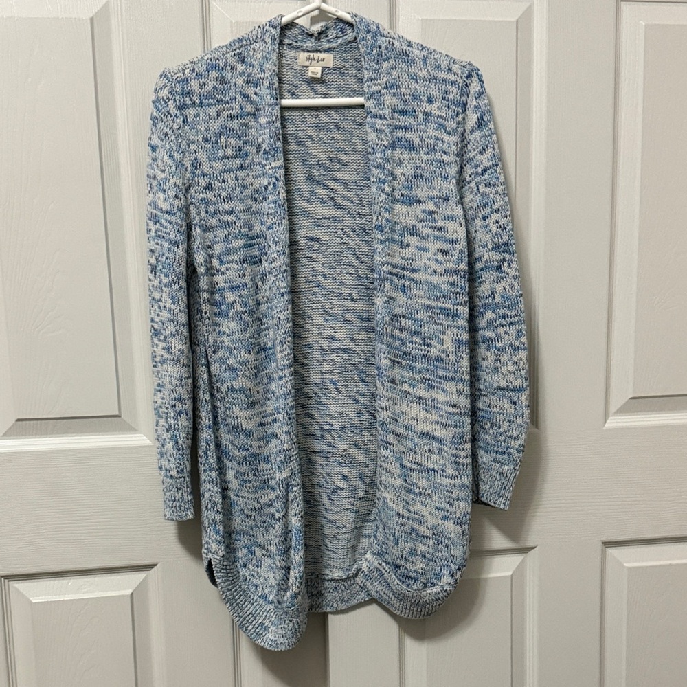 Style & Co. Blue and White Marled Open-Front Cardigan